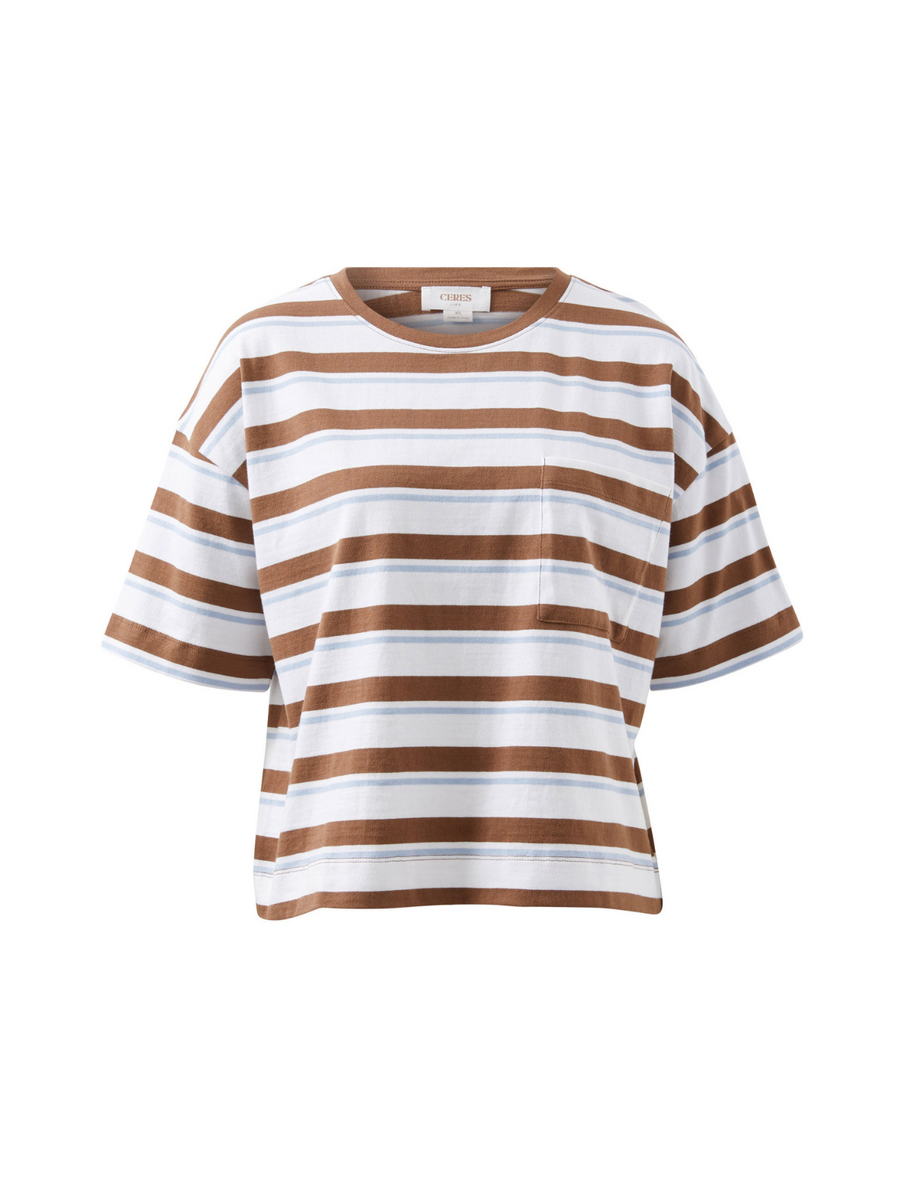 Boa Boxy Pocket Tee| Milk Choc Stripe