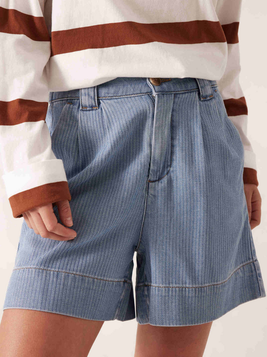 Pleat Front Short | Blue Herringbone