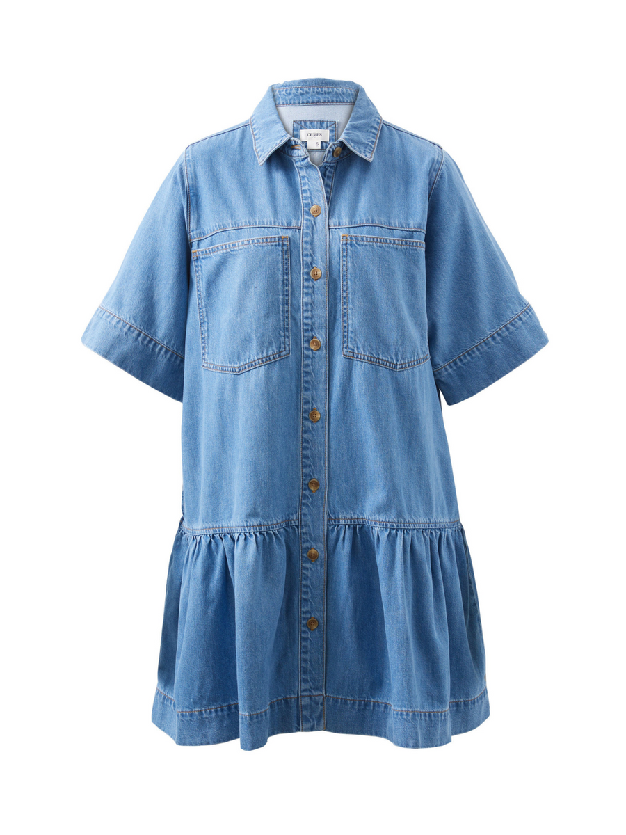 Short Sleeve Tiered Pocket Shirt Dress