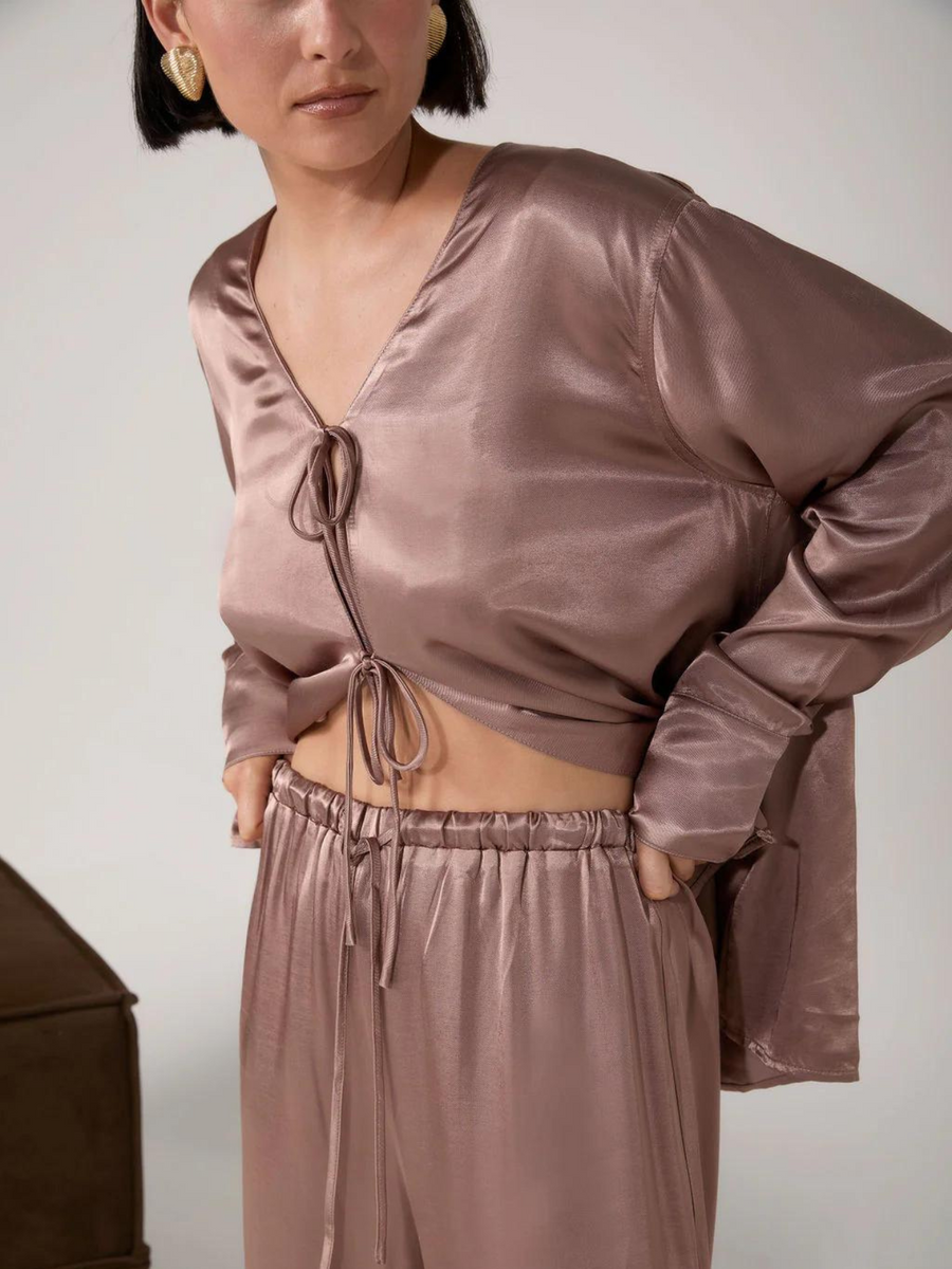 Brigette Cocoa Satin Tie Blouse