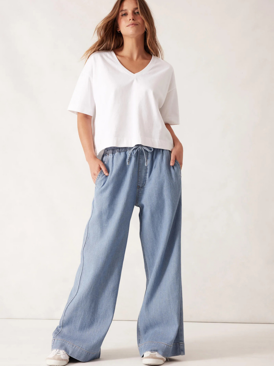 Andie Wide Leg Drawstring Pant | Blue Herringbone