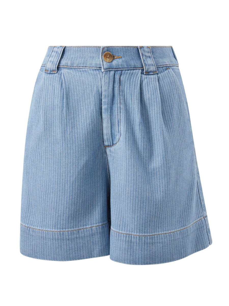 Pleat Front Short | Blue Herringbone