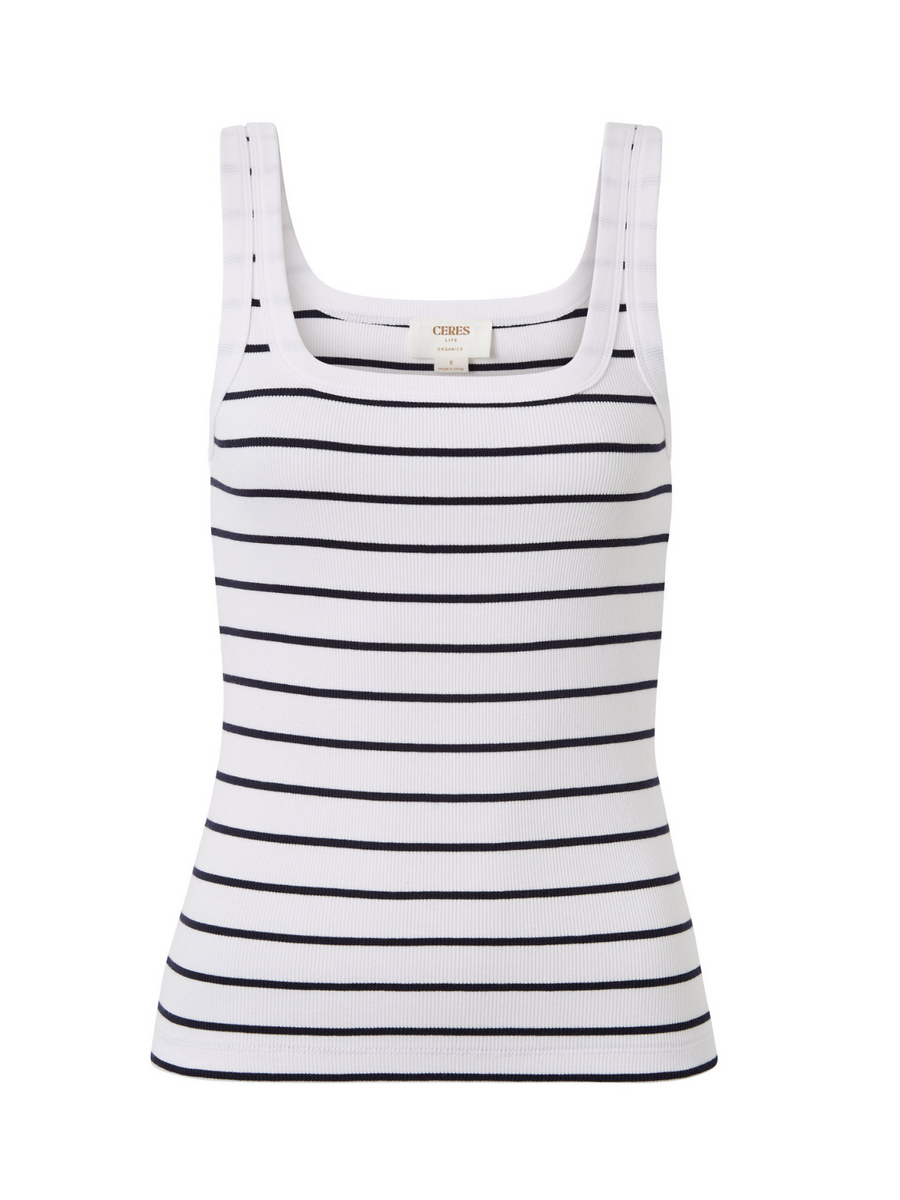 Zaeli Contour Rib Square Neck Tank | White & Navy