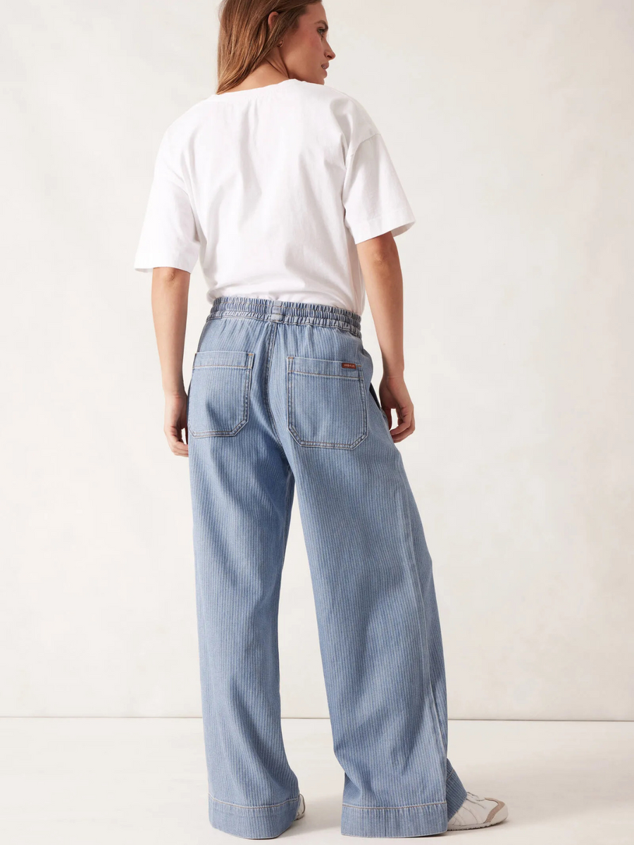 Andie Wide Leg Drawstring Pant | Blue Herringbone