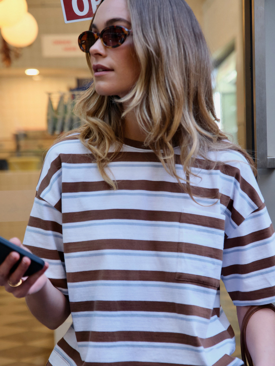Boa Boxy Pocket Tee| Milk Choc Stripe