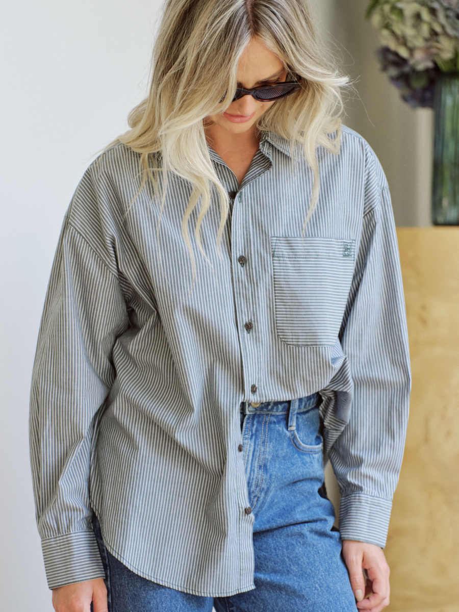 Peta Oversized Shirt | Green White Narrow Stripe