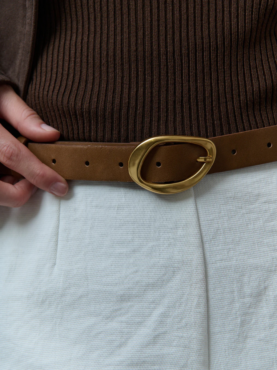Noah Oval Buckle PU Leather Belt | Brown