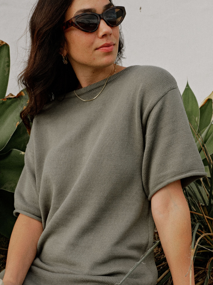 Short Sleeve Boxy Knit Dress | Olive