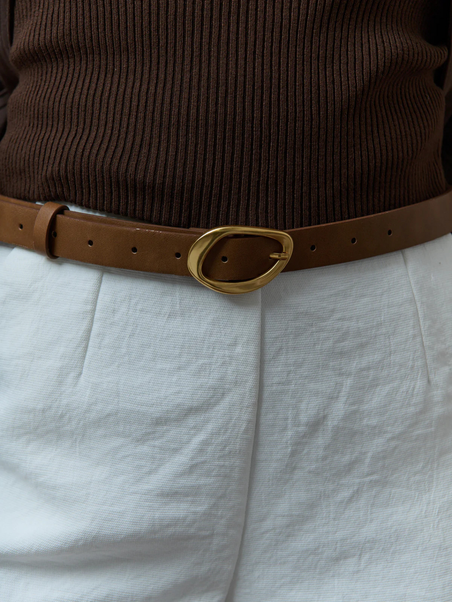 Noah Oval Buckle PU Leather Belt | Brown