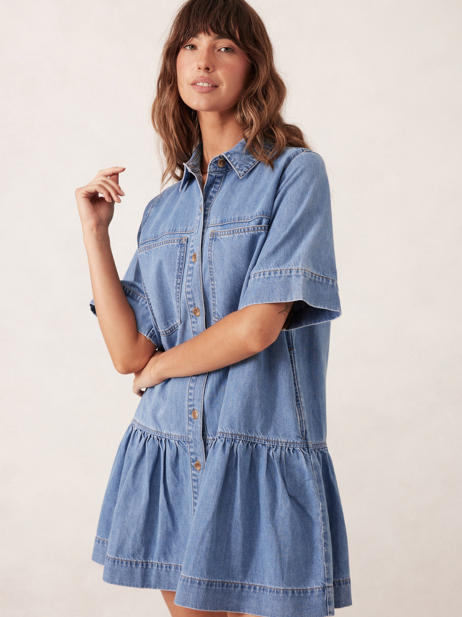 Short Sleeve Tiered Pocket Shirt Dress