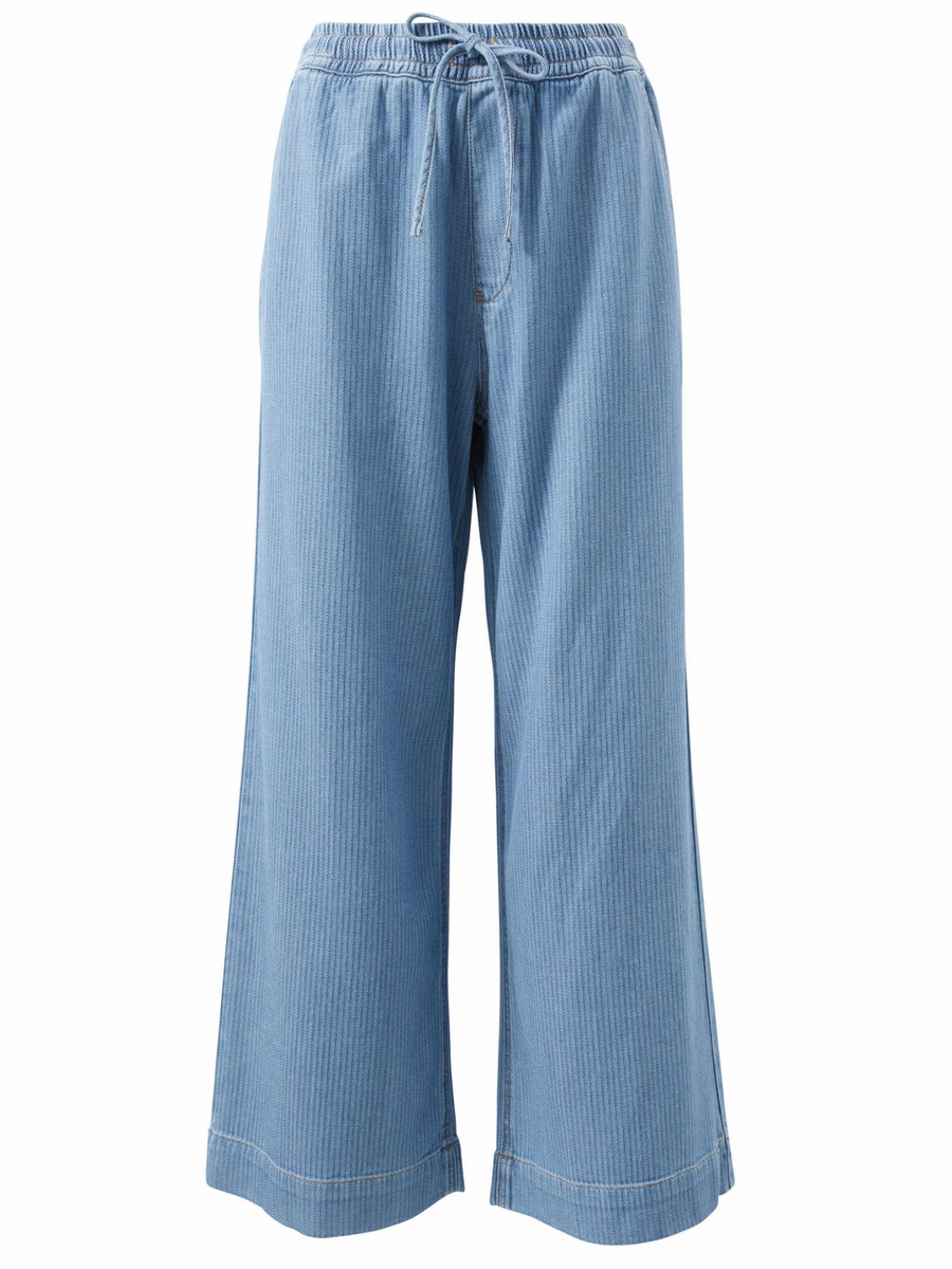 Andie Wide Leg Drawstring Pant | Blue Herringbone