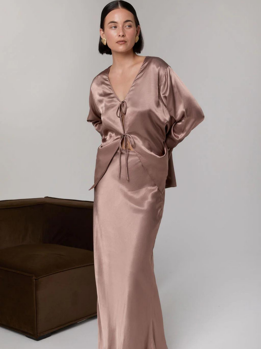 Brigette Cocoa Satin Tie Blouse