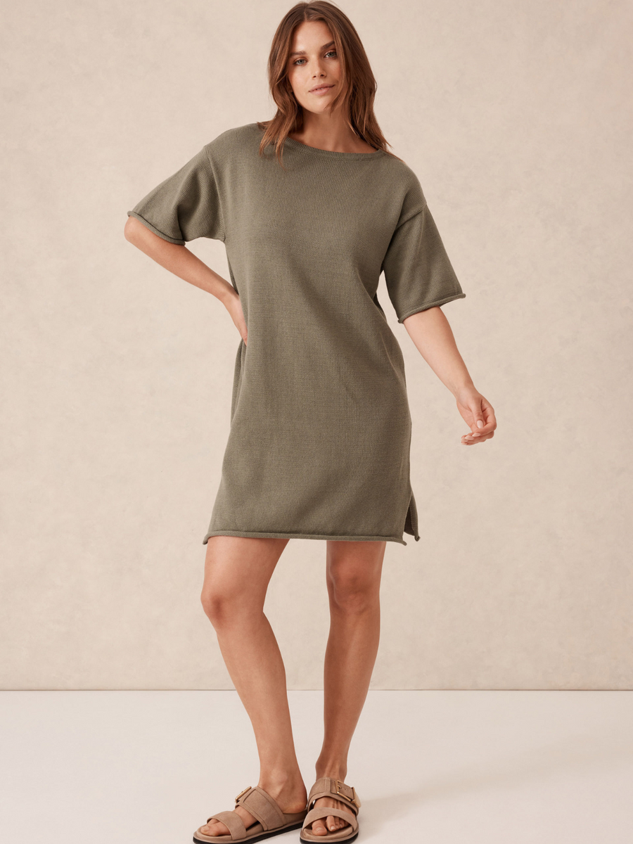 Short Sleeve Boxy Knit Dress | Olive