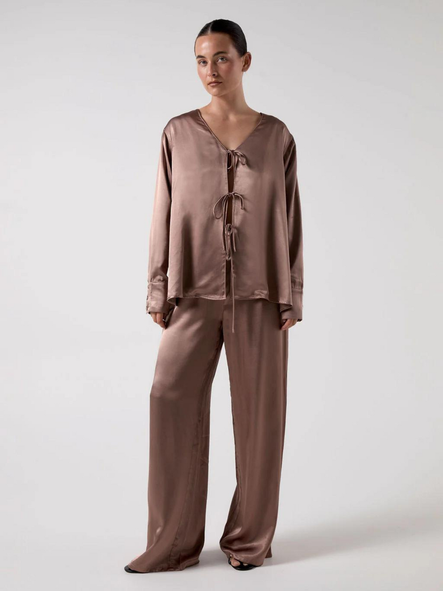 Brigette Cocoa Satin Tie Blouse