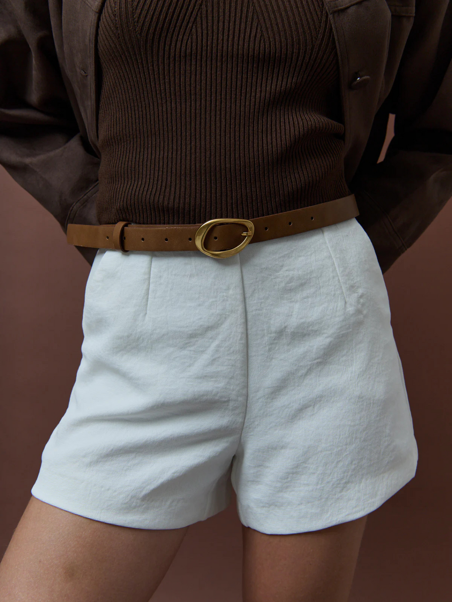 Noah Oval Buckle PU Leather Belt | Brown