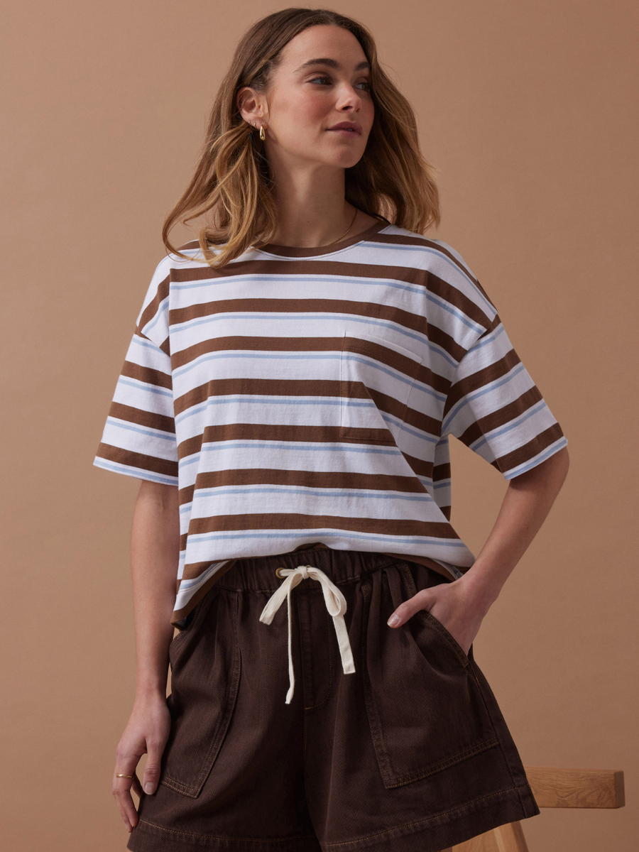 Boa Boxy Pocket Tee| Milk Choc Stripe