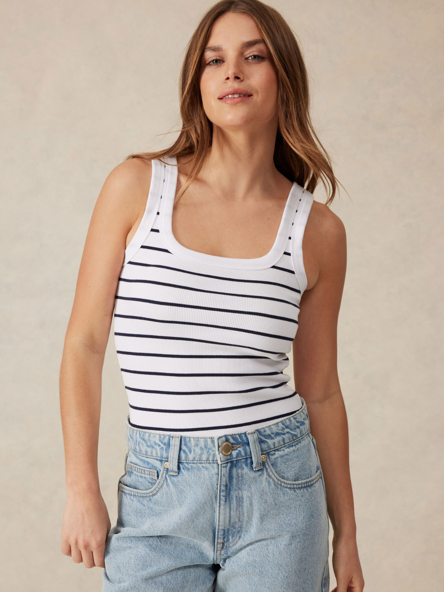 Zaeli Contour Rib Square Neck Tank | White & Navy