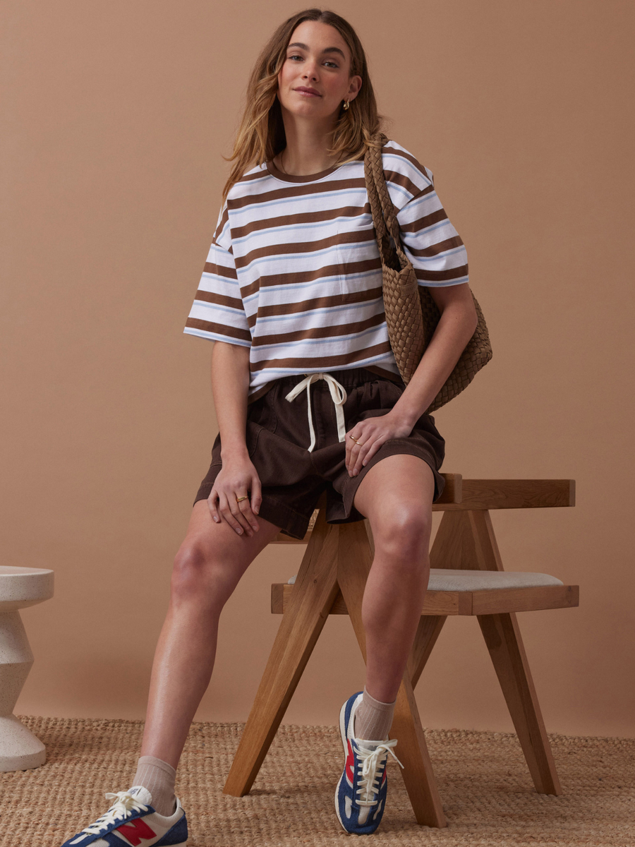 Boa Boxy Pocket Tee| Milk Choc Stripe