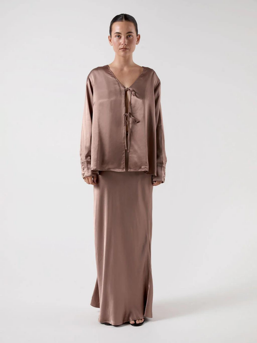 Brigette Cocoa Satin Tie Blouse