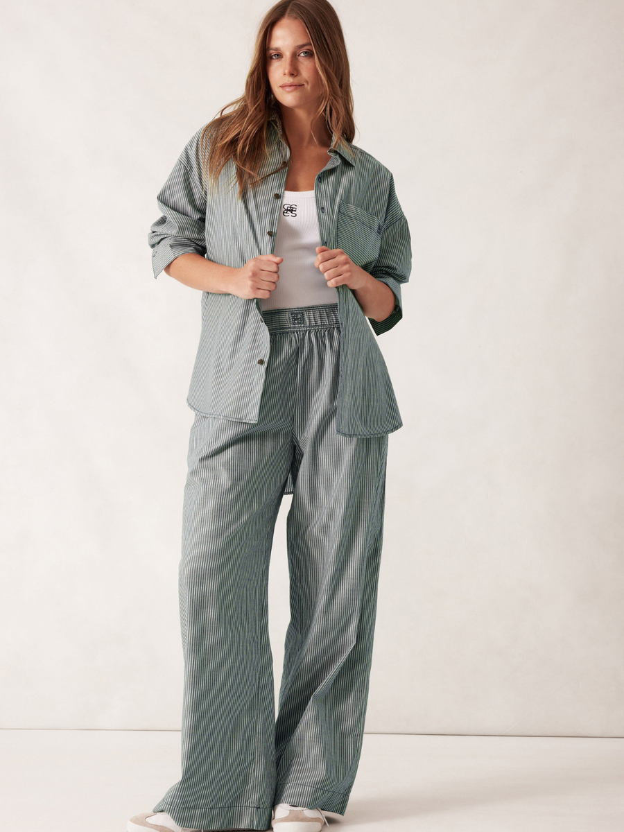 Peta Oversized Shirt | Green White Narrow Stripe