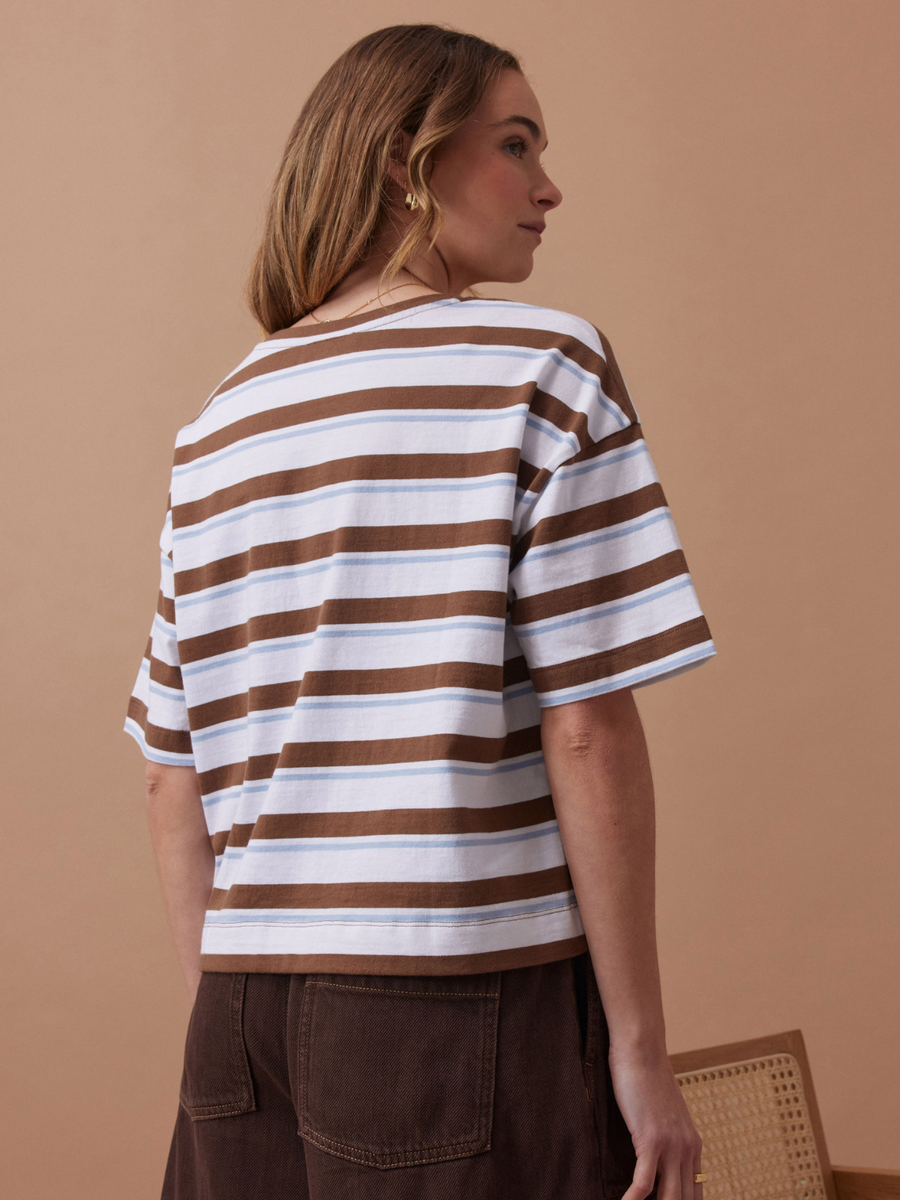 Boa Boxy Pocket Tee| Milk Choc Stripe