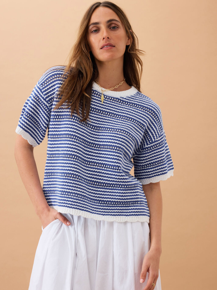 Nina Boxy Knit Tee | Summer Blue Stripe