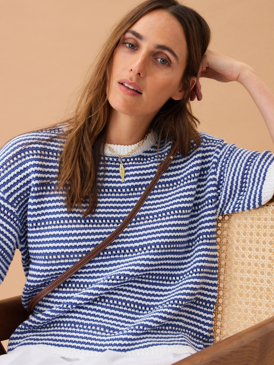 Nina Boxy Knit Tee | Summer Blue Stripe
