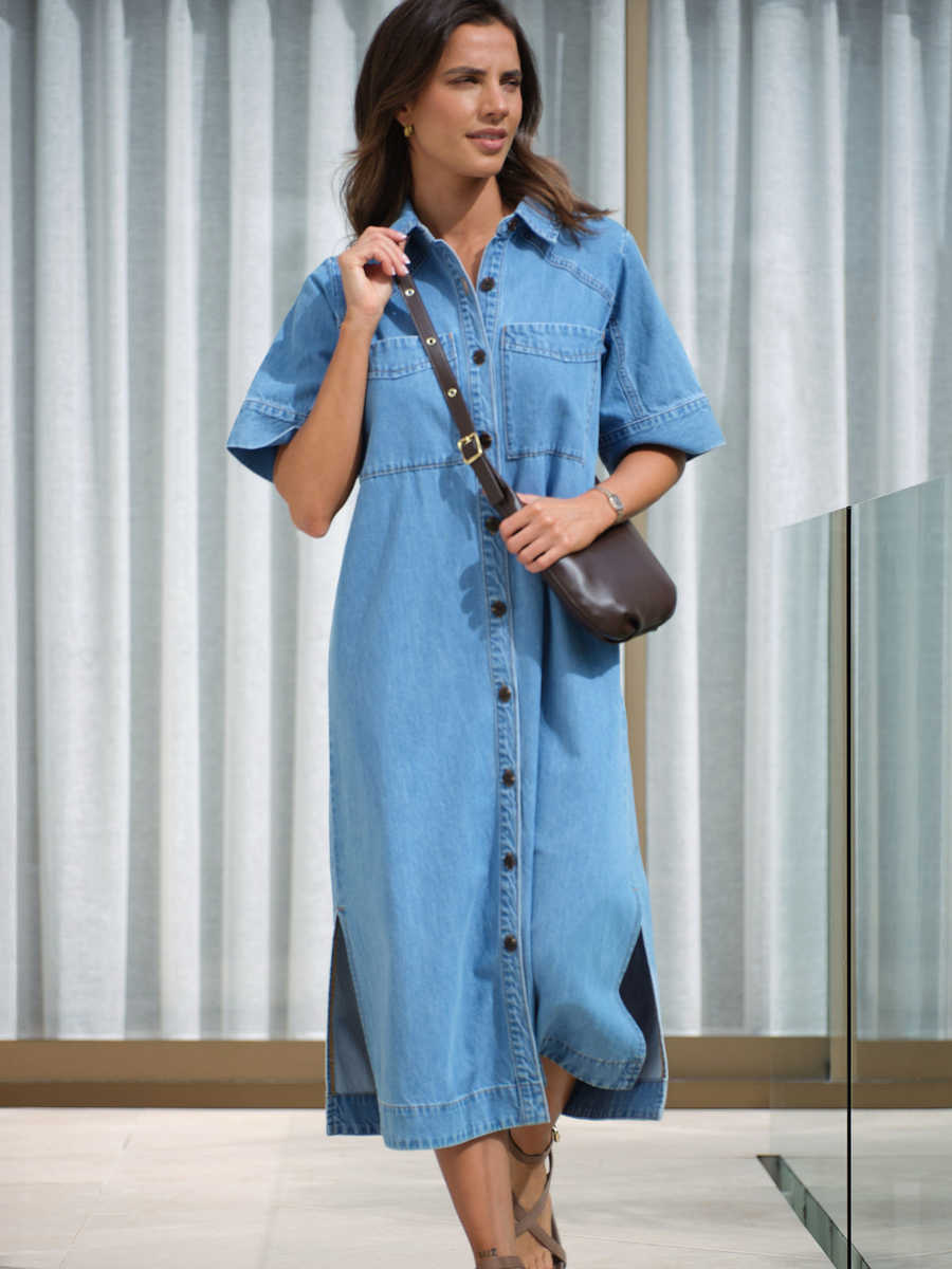Ava Short Sleeve Midi Dress | Vintage Blue
