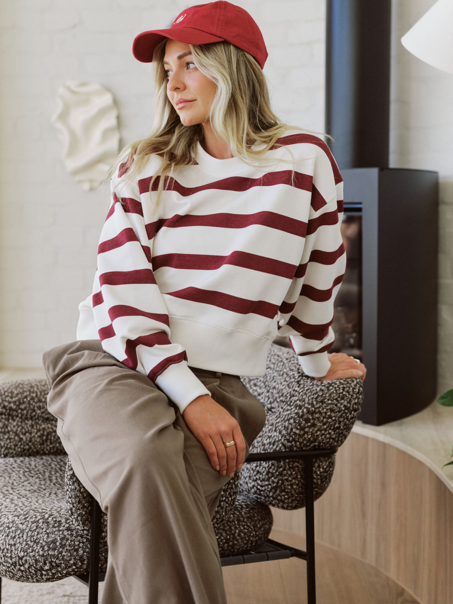 Cropped Slouchy Crew | Burgundy Stripe
