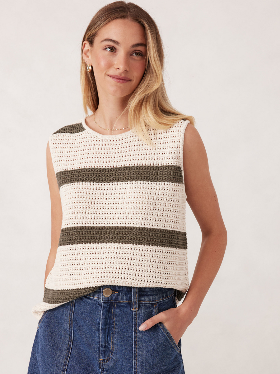 Mesh Knit Tank | Ecru/Soft Olive Stripe