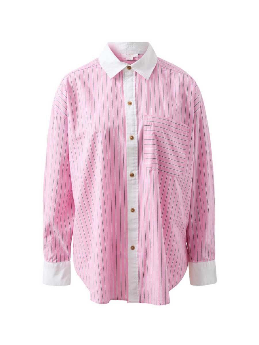 Peta Oversized Shirt | Hibiscus Pink Triple Stripe White Collar