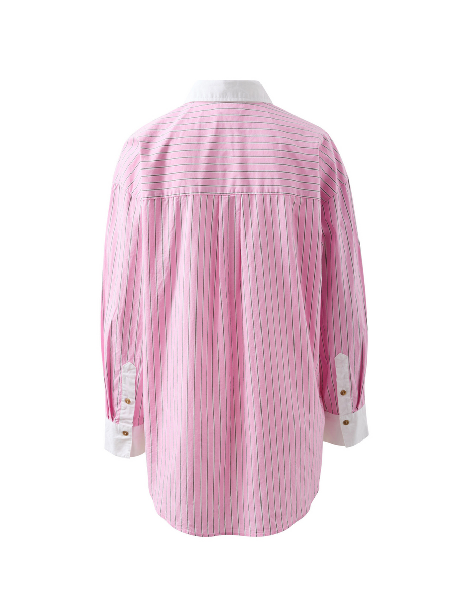 Peta Oversized Shirt | Hibiscus Pink Triple Stripe White Collar