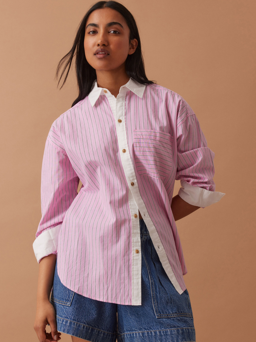 Peta Oversized Shirt | Hibiscus Pink Triple Stripe White Collar