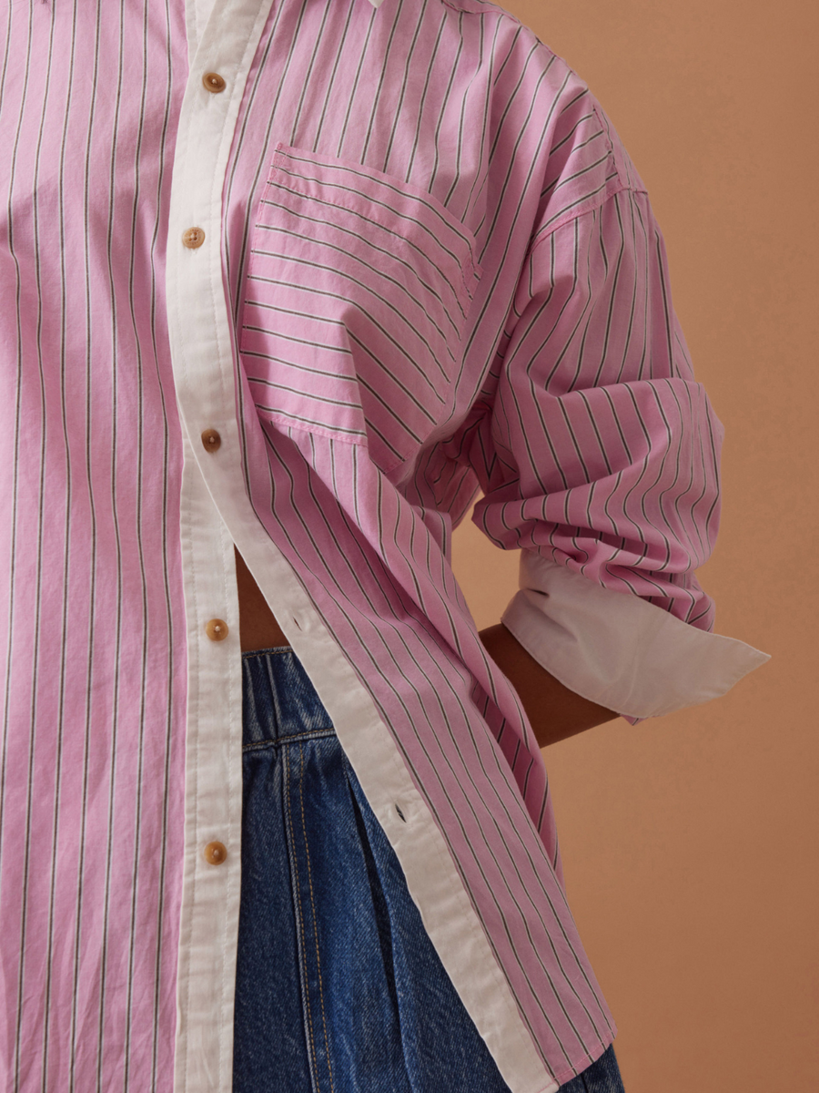 Peta Oversized Shirt | Hibiscus Pink Triple Stripe White Collar