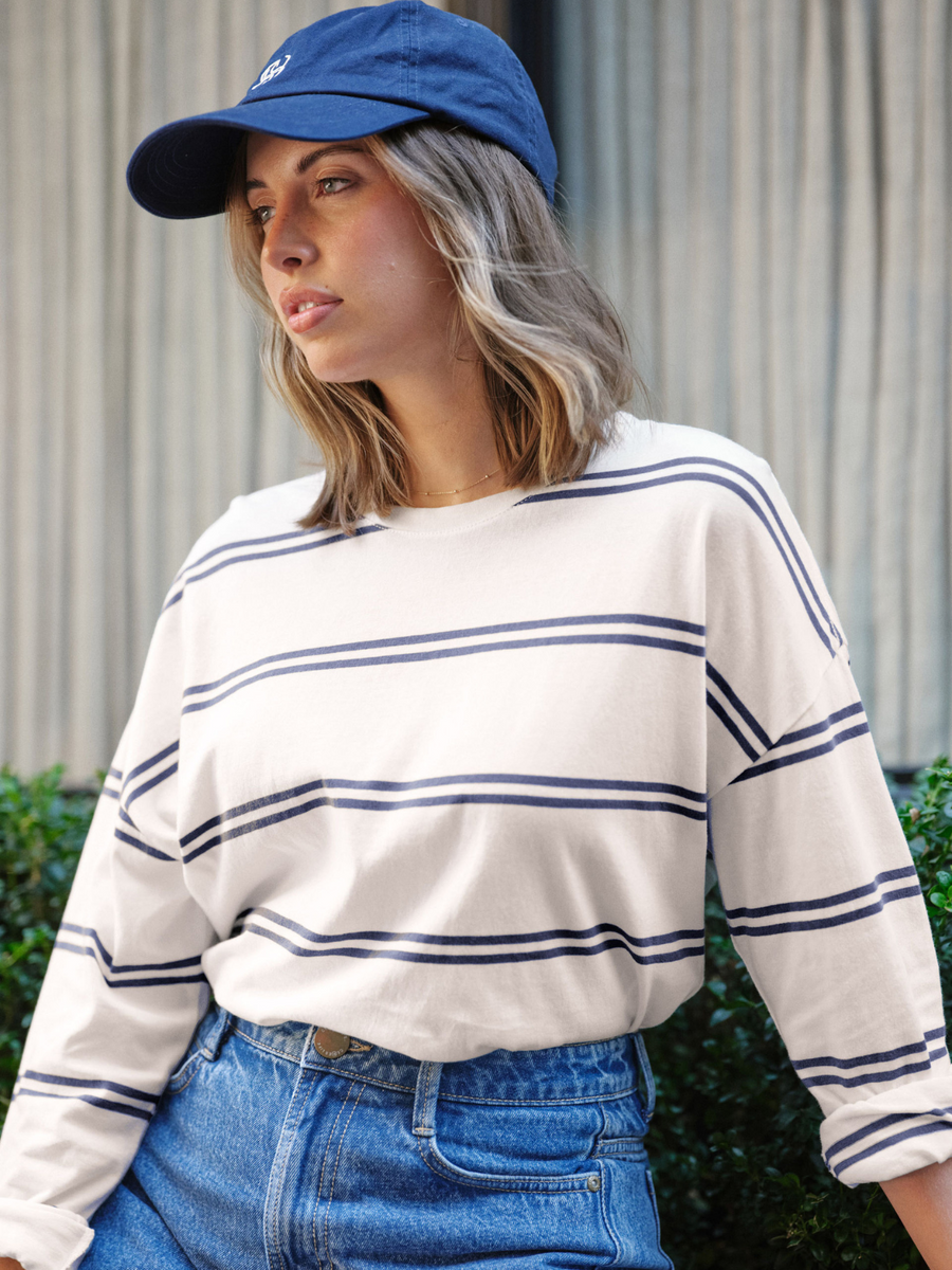 Slouchy Long Sleeve Tee | Vanilla/Moonlight Double Stripe