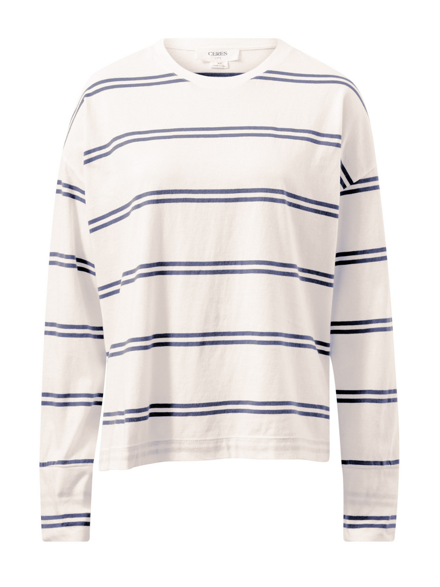 Slouchy Long Sleeve Tee | Vanilla/Moonlight Double Stripe