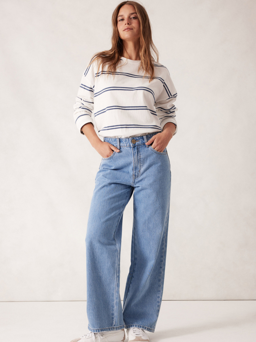 Slouchy Long Sleeve Tee | Vanilla/Moonlight Double Stripe