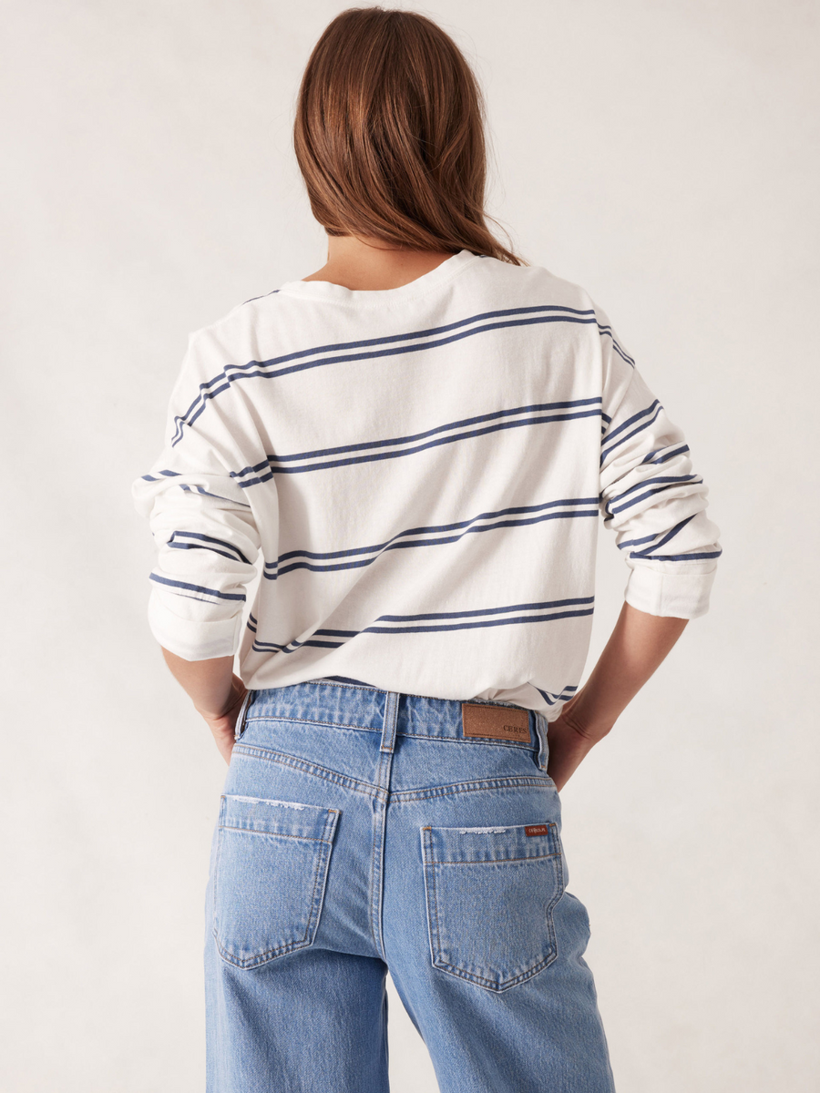 Slouchy Long Sleeve Tee | Vanilla/Moonlight Double Stripe