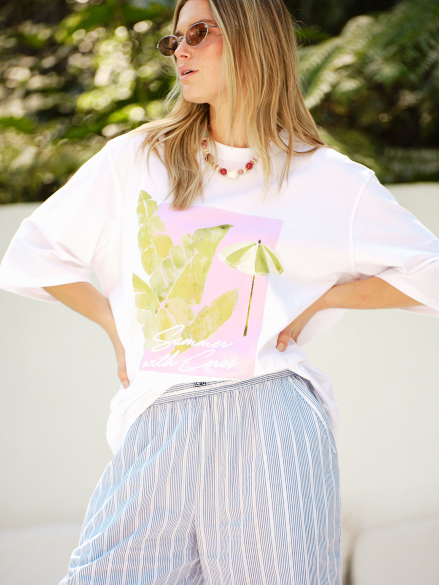 Liv Oversized Tee | White/Coastal Leaves