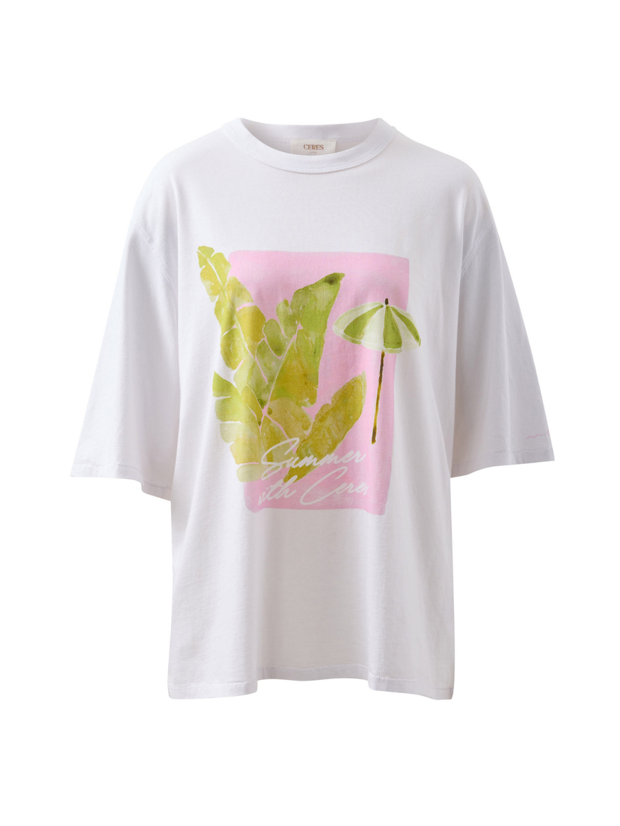 Liv Oversized Tee | White/Coastal Leaves