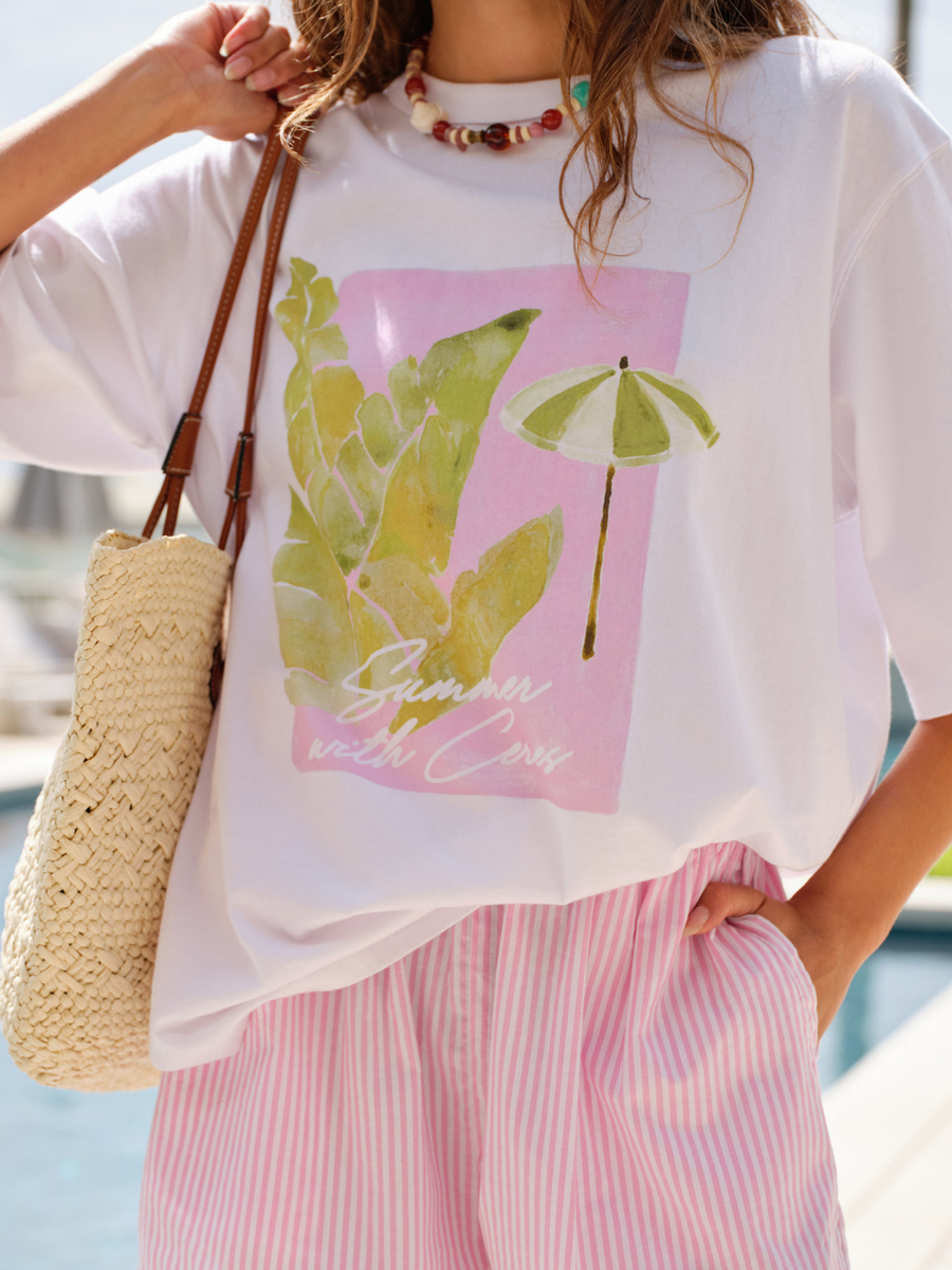 Liv Oversized Tee | White/Coastal Leaves