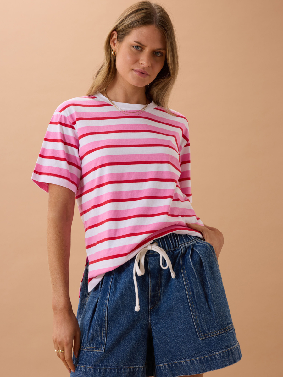 Stevie Slouchy Tee | Hibiscus/Heritage Red Stripe